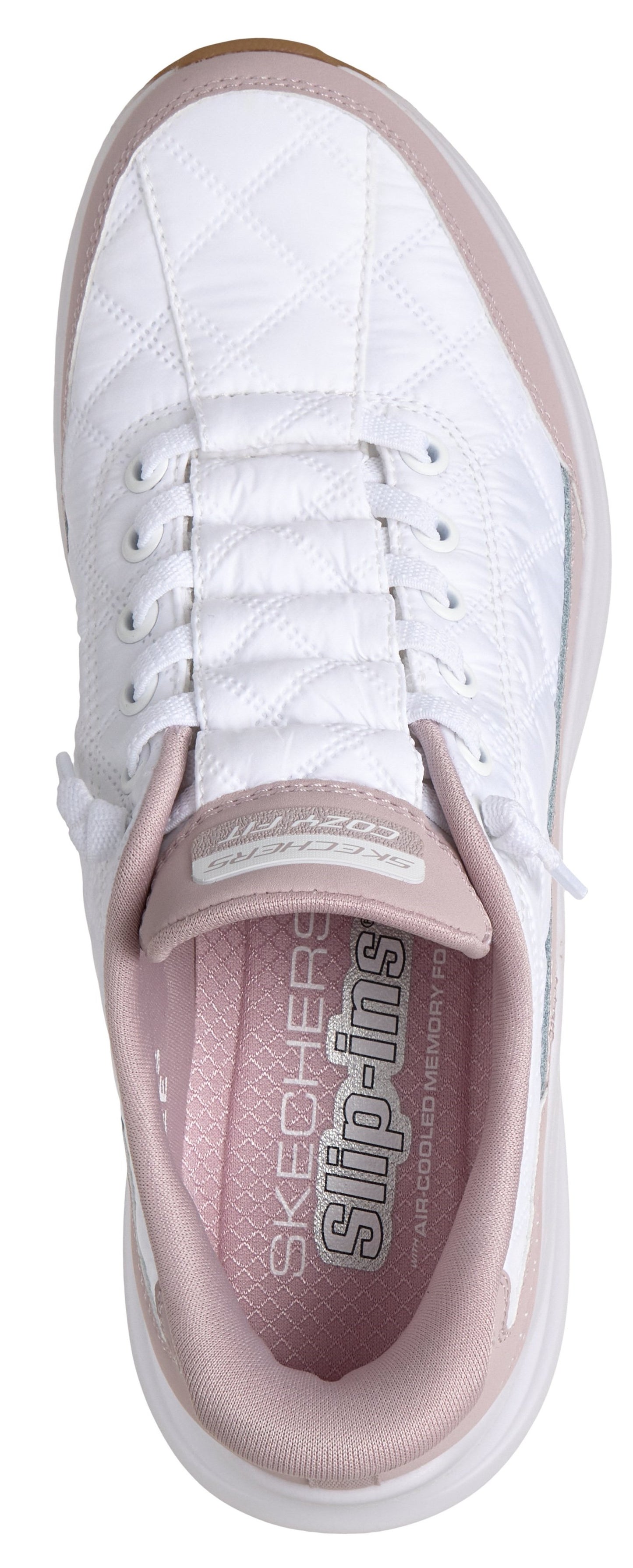 A top down view of a white sneaker with laces. The insole is light pink and has the words "SKECHERS" and "Slip-ins" printed on it.