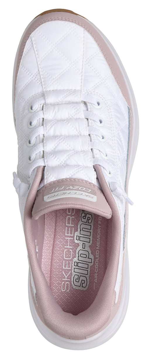 A top down view of a white sneaker with laces. The insole is light pink and has the words "SKECHERS" and "Slip-ins" printed on it.