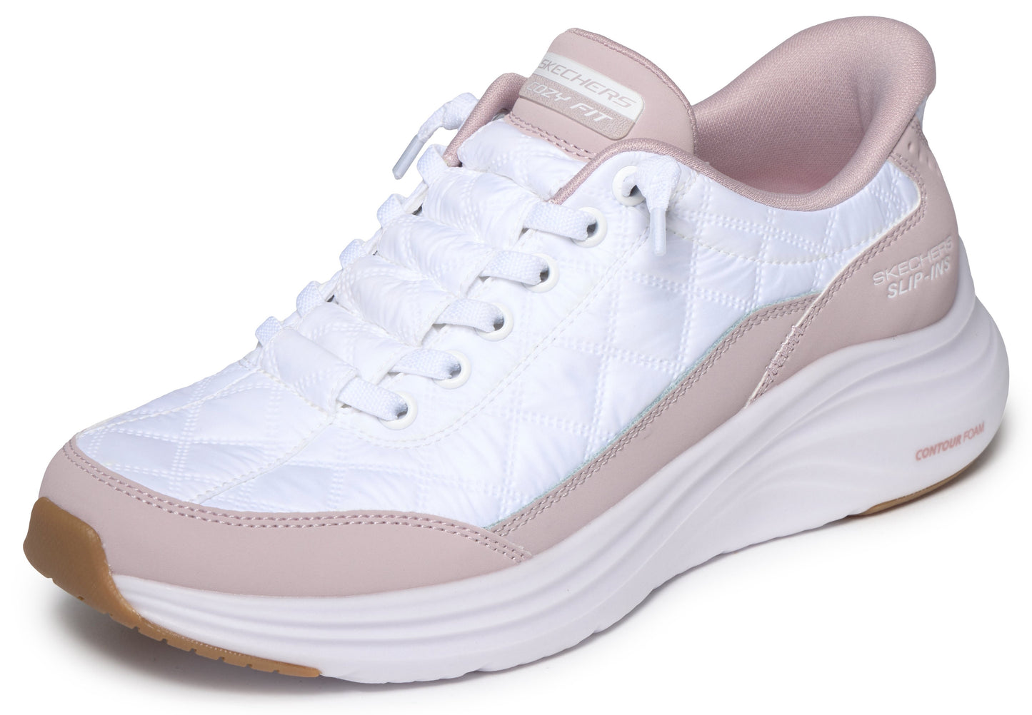 White and pink cushioned sneaker with laces.