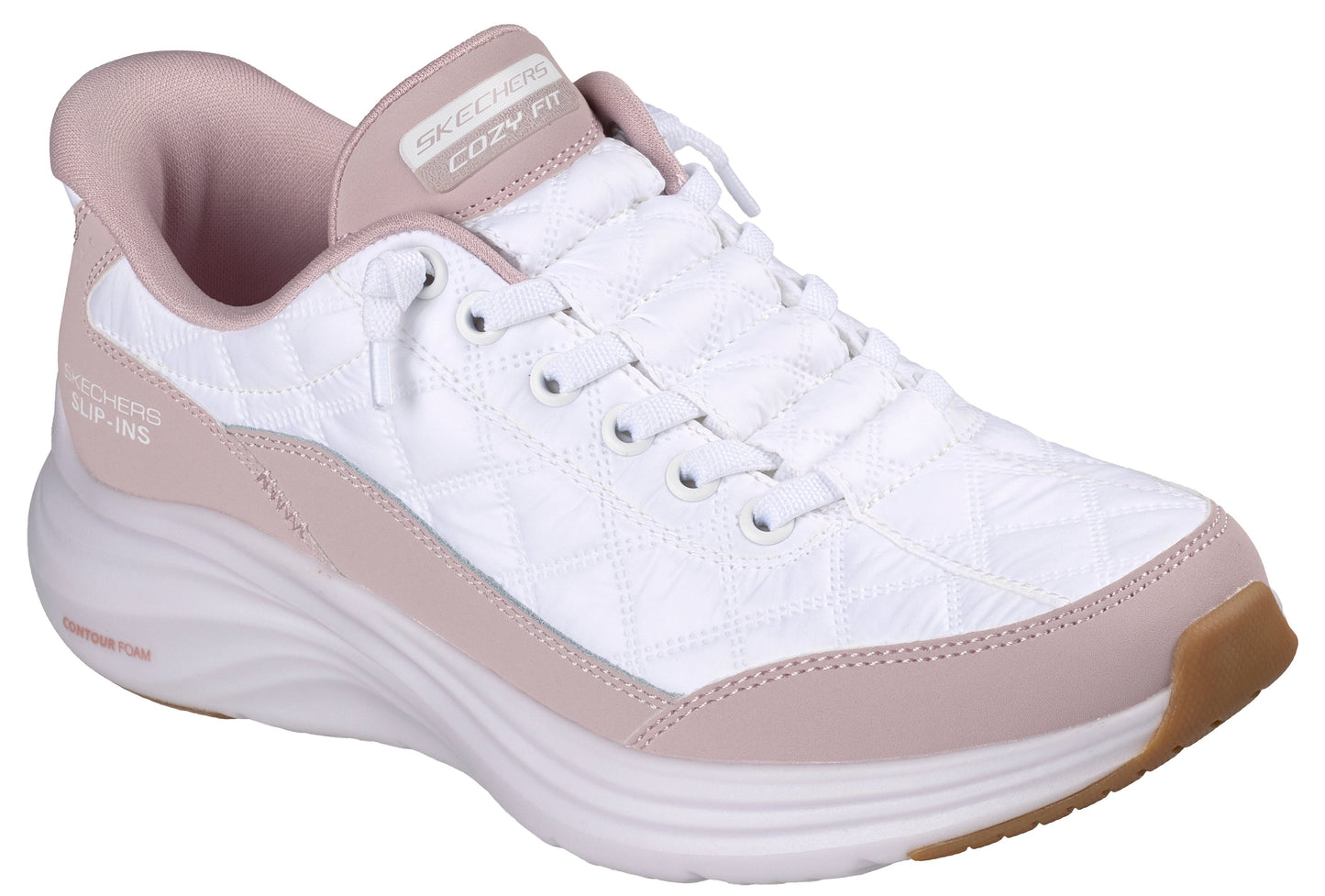 White sneaker with pink trim and a gum sole, featuring a quilted pattern and the words "COZY FIT" on the tongue.
