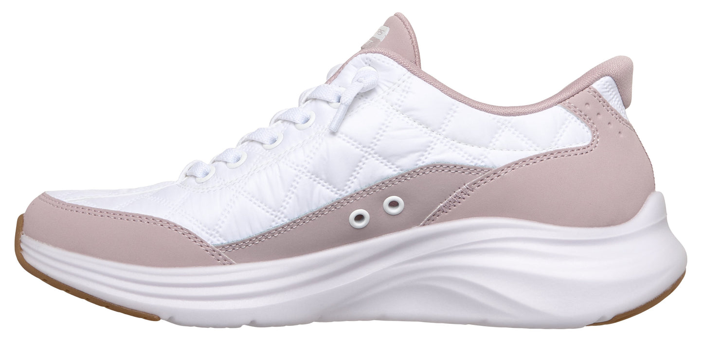 A white and pink athletic shoe with a thick white sole.