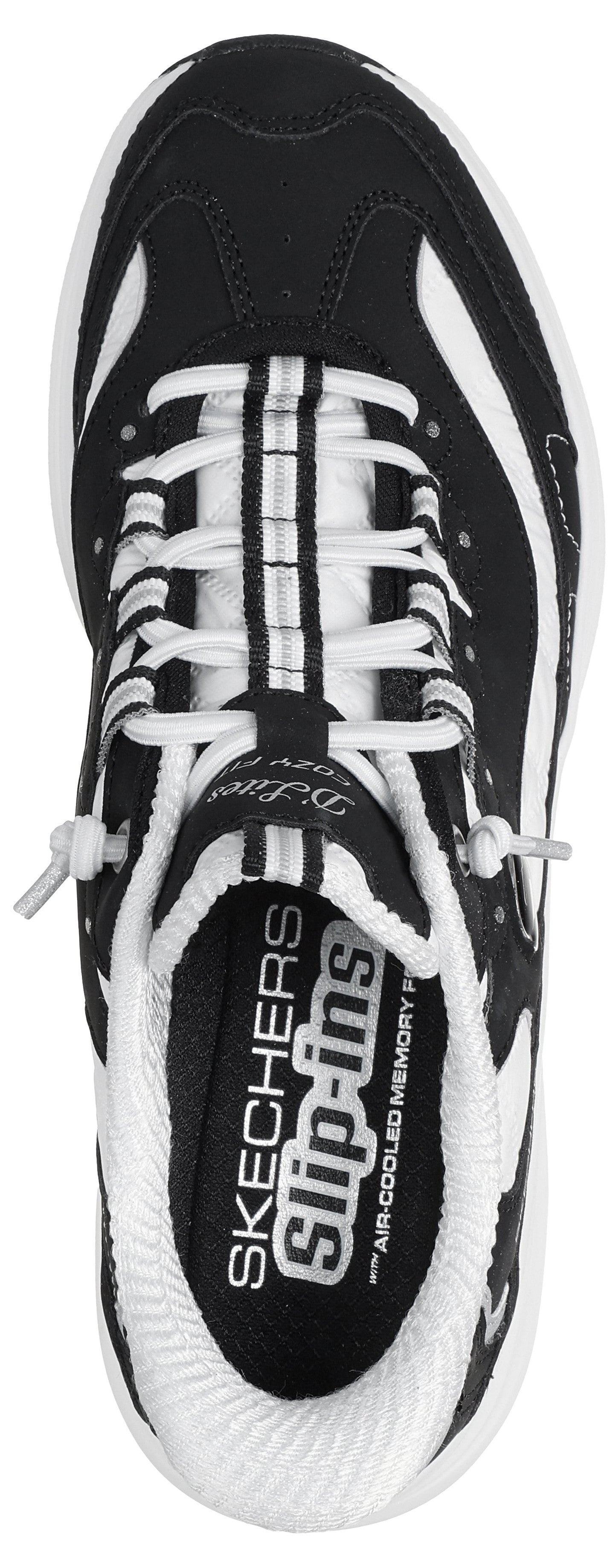 A top-down view of a black and white sneaker with slip-on design, featuring white bungee-style laces, a padded white collar, and interior text reading Skechers Slip-ins with Air-Cooled Memory Foam.