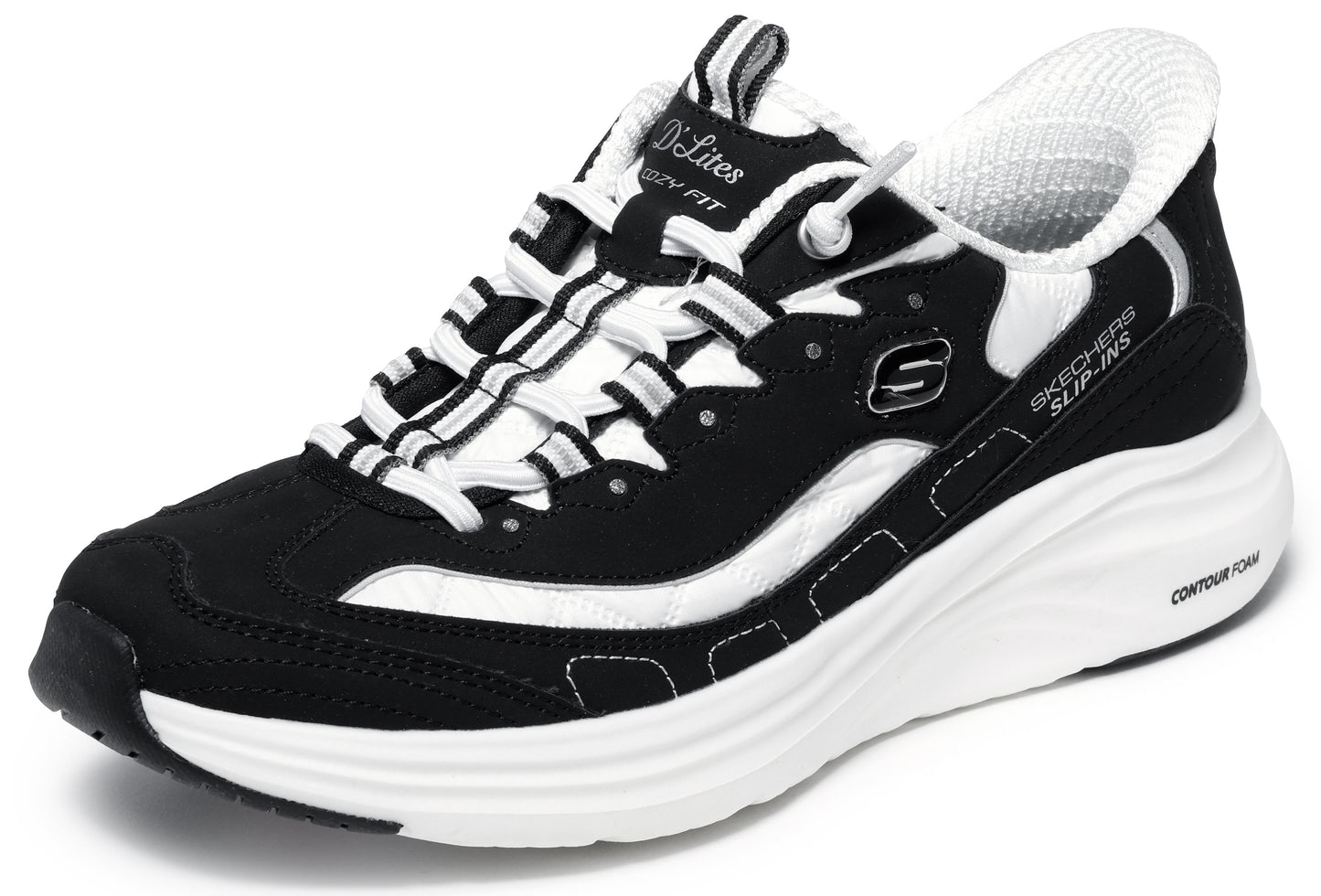 A black and white Skechers D'Lites Slip-ins athletic sneaker with a thick, contoured white foam sole, black suede-like overlays, and white mesh detailing.