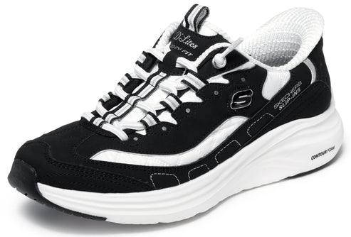 A black and white Skechers D'Lites Slip-ins athletic sneaker with a thick, contoured white foam sole, black suede-like overlays, and white mesh detailing.