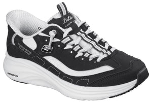 A black and white Skechers Slip-ins D'Lites sneaker with a thick, white Contour Foam sole, featuring a bungee-style lace-up closure and a textured interior lining.