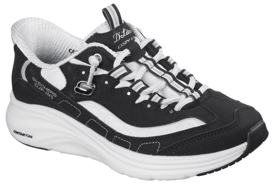 A black and white Skechers Slip-ins D'Lites sneaker with a thick, white Contour Foam sole, featuring a bungee-style lace-up closure and a textured interior lining.
