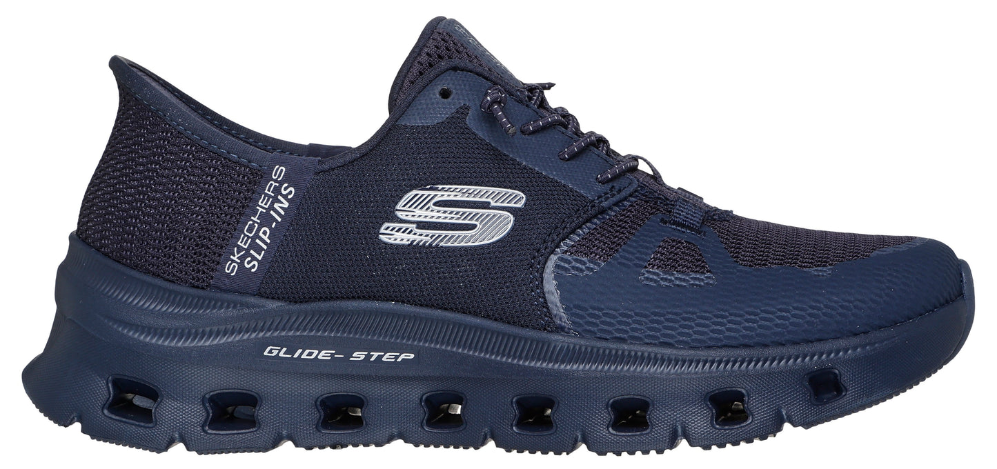 A navy blue Skechers Slip-ins Glide-Step sneaker features a side S logo and a midsole with visible air pockets.