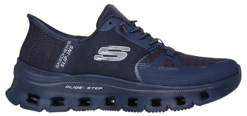 A navy blue Skechers Slip-ins Glide-Step sneaker features a side S logo and a midsole with visible air pockets.