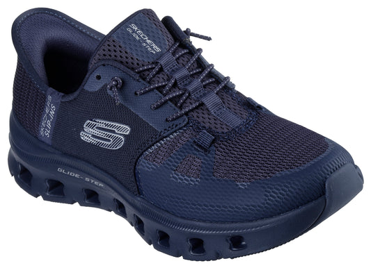 Navy low-rise sneaker with mesh upper, bungee laces and Glide-Step sole.