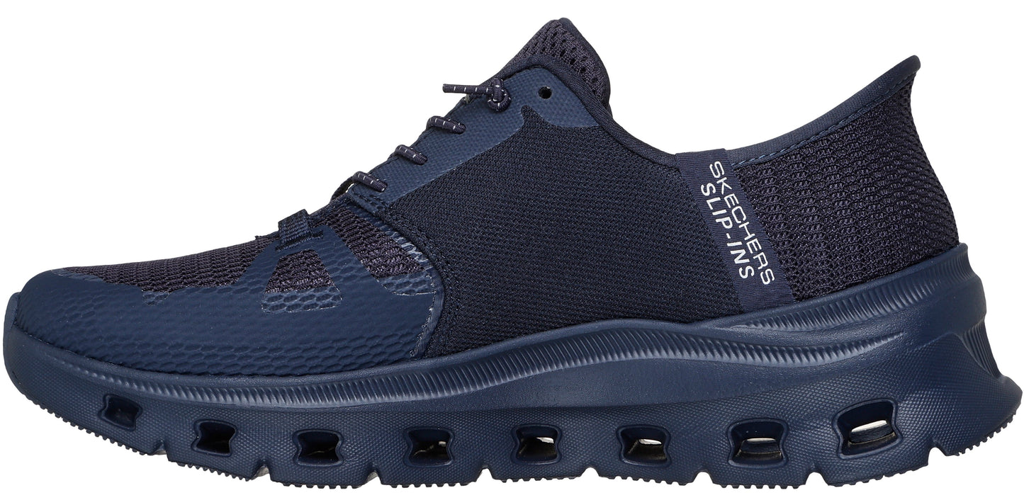 a navy slip-on shoe with laces and 'SKECHERS SLIP-INS' printed on the side