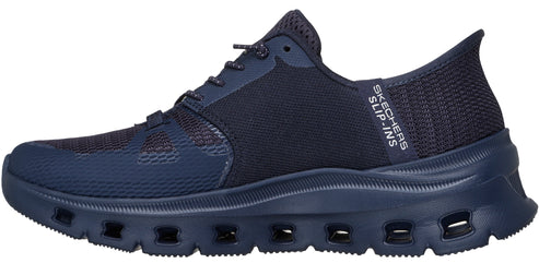 a navy slip-on shoe with laces and 'SKECHERS SLIP-INS' printed on the side