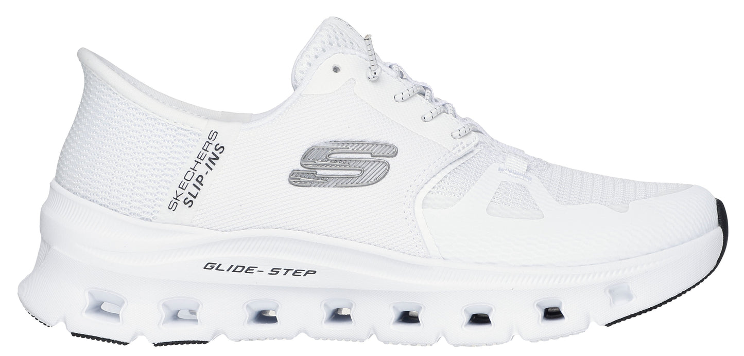 A white slip-on sneaker with a gray S logo and 'SLIP-INS' printed on the side.