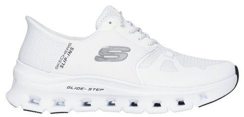 A white slip-on sneaker with a gray S logo and 'SLIP-INS' printed on the side.