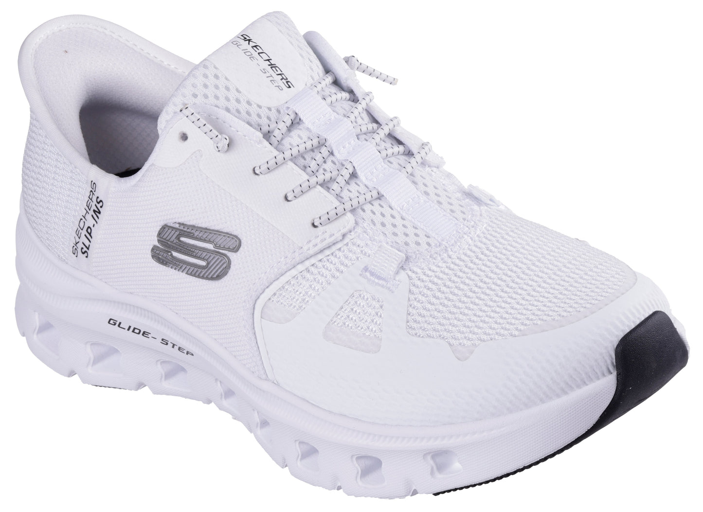White mesh slip-on sneaker with gray 'S' logo and "GLIDE-STEP" printed on the side