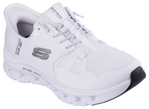 White mesh slip-on sneaker with gray 'S' logo and "GLIDE-STEP" printed on the side