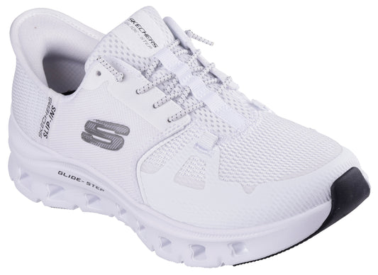 White mesh slip-on sneaker with gray 'S' logo and "GLIDE-STEP" printed on the side