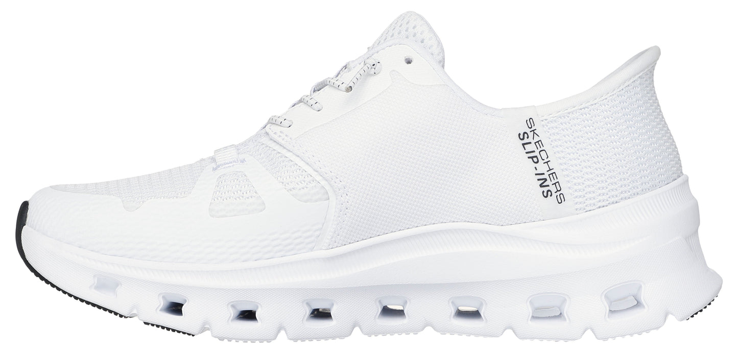 A white sneaker with the text "SKECHERS SLIP-INS" written on the side.