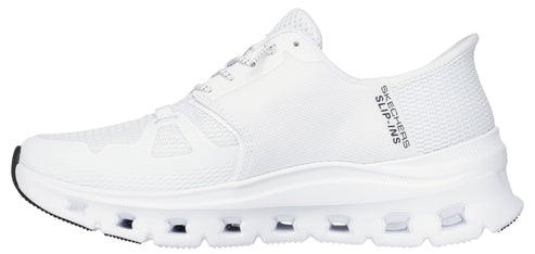 A white sneaker with the text "SKECHERS SLIP-INS" written on the side.