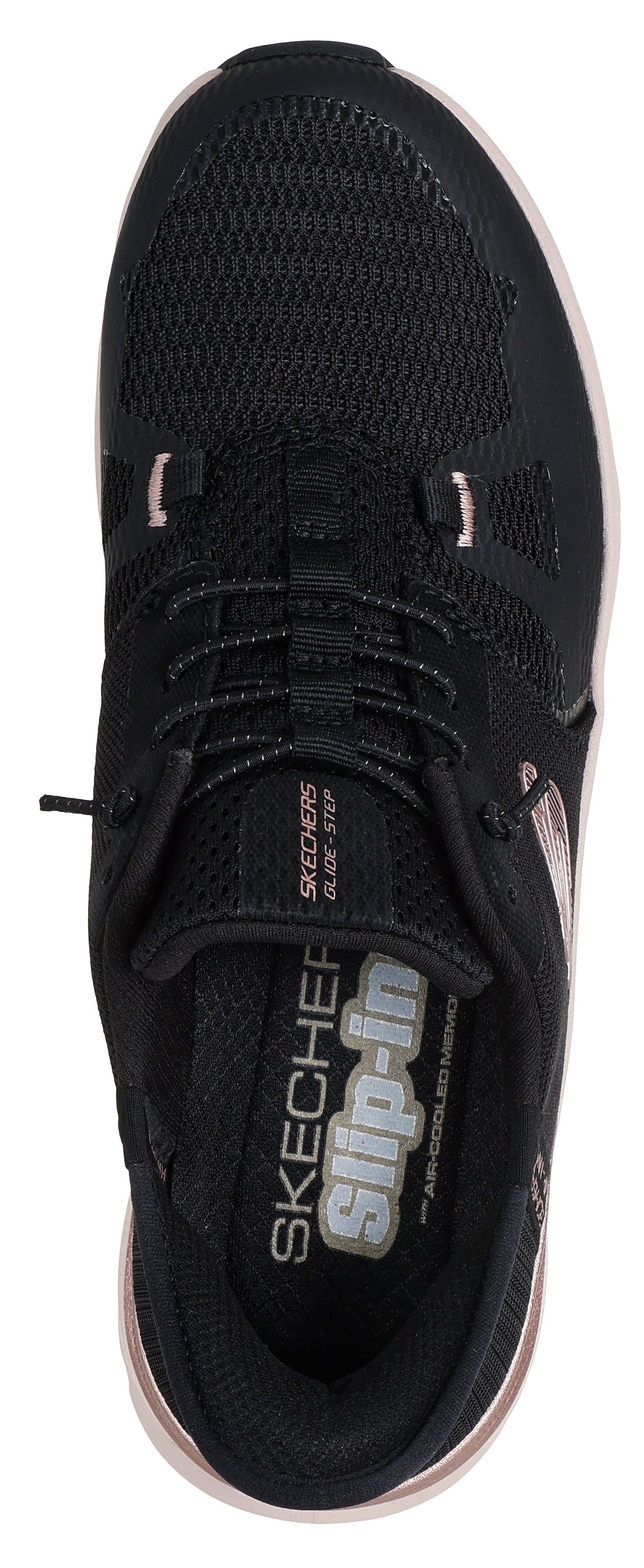 A close-up of a black athletic shoe with mesh material and pink accents.