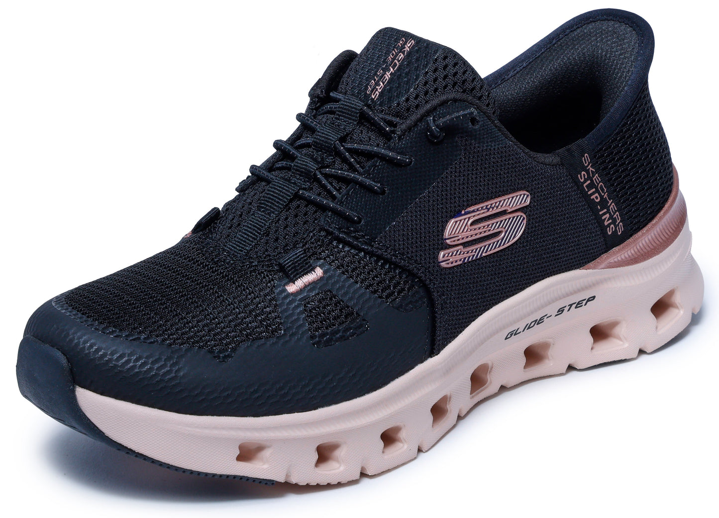 Black mesh athletic shoe with pink accents, laces, and cutout sole.