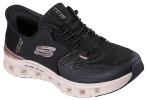 Black and pink athletic shoe with elastic laces, mesh upper, and visible 'Glide-Step' text.