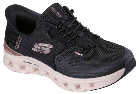 Black and pink athletic shoe with elastic laces, mesh upper, and visible 'Glide-Step' text.