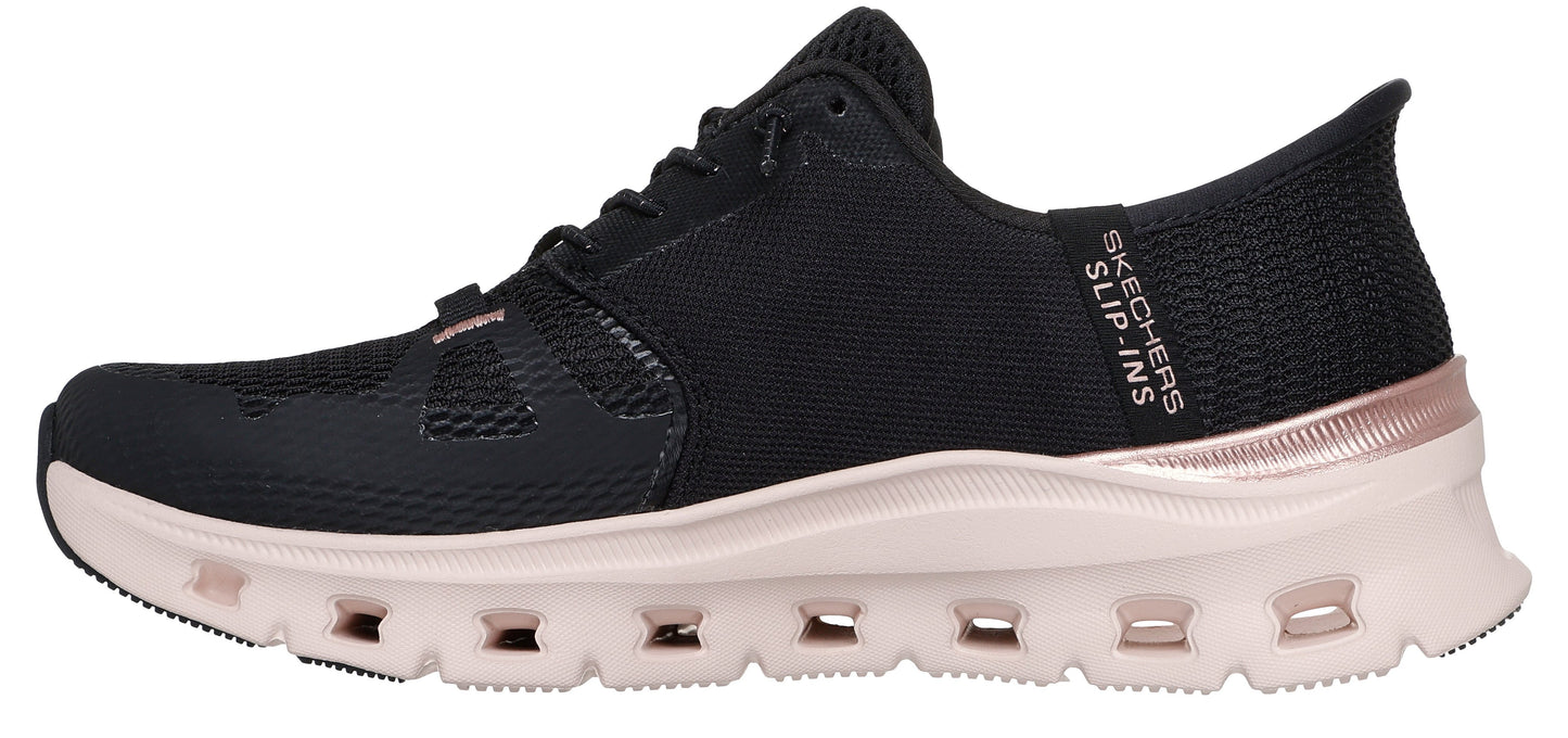 A black and peach-colored shoe with 'SKECHERS SLIP-INS' branding.