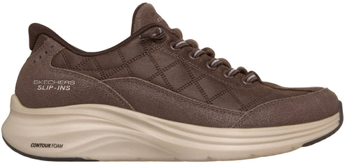 A brown Skechers Slip-ins sneaker with a quilted texture on the upper, light beige Contour Foam midsole, and laces.