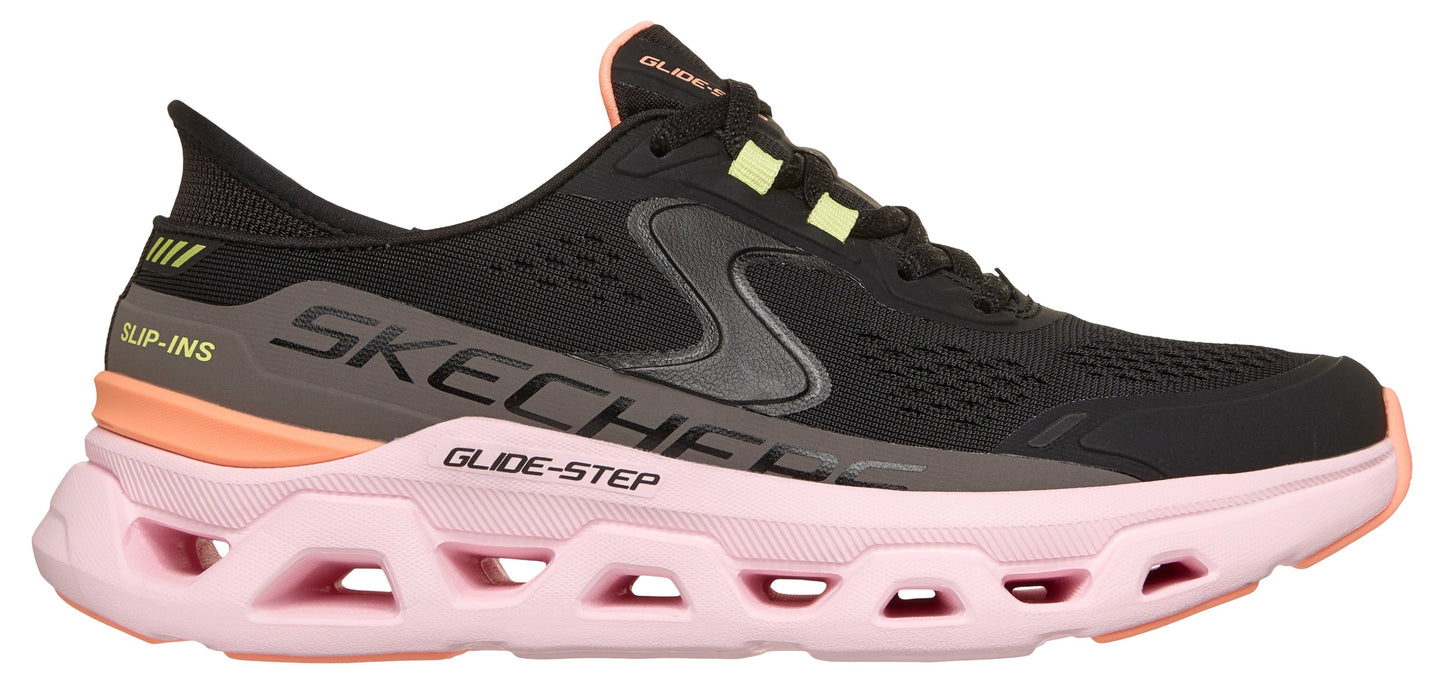 Black running shoe with a pink sole and visible text 'SKECHERS' and 'GLIDE-STEP'.