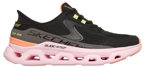 Black running shoe with a pink sole and visible text 'SKECHERS' and 'GLIDE-STEP'.