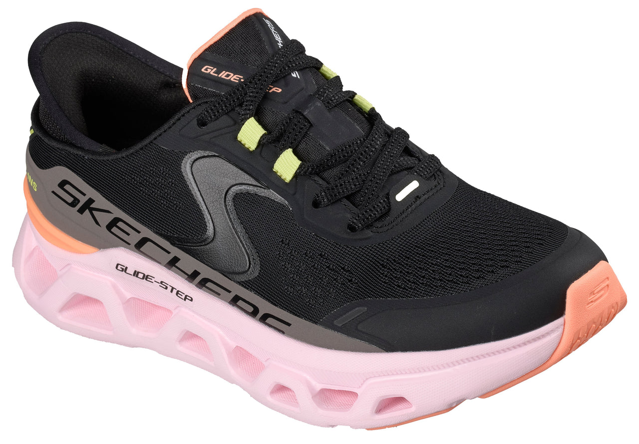 A black athletic shoe with a pink sole, black laces and a gray Skechers logo with “GLIDE-STEP” on the side.