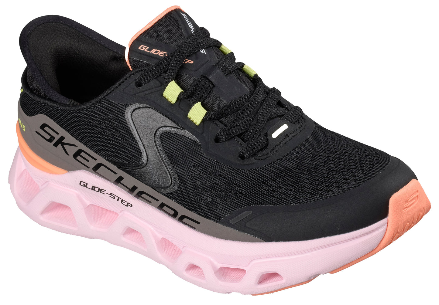 A black athletic shoe with a pink sole, black laces and a gray Skechers logo with “GLIDE-STEP” on the side.