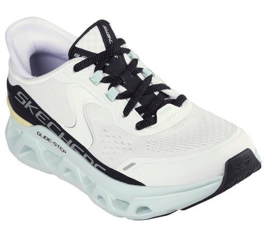 A white athletic shoe with black laces and GLIDE-STEP in black text on the side of the sole.