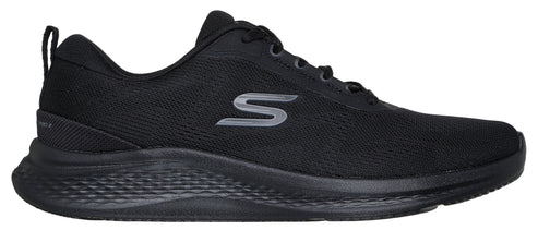 A black running shoe with a grey "S" logo.