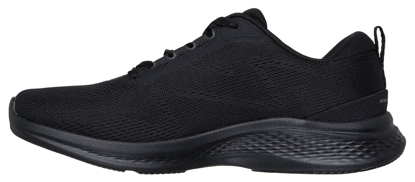 A black sneaker with a mesh upper and a black sole.