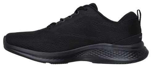 A black sneaker with a mesh upper and a black sole.