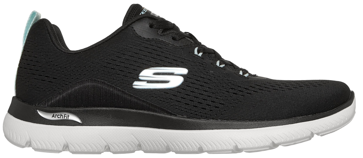 A black Skechers athletic shoe with a white midsole, white S logo on the side, Arch Fit branding on the heel, and a light blue heel pull tab.