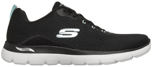 A black Skechers athletic shoe with a white midsole, white S logo on the side, Arch Fit branding on the heel, and a light blue heel pull tab.