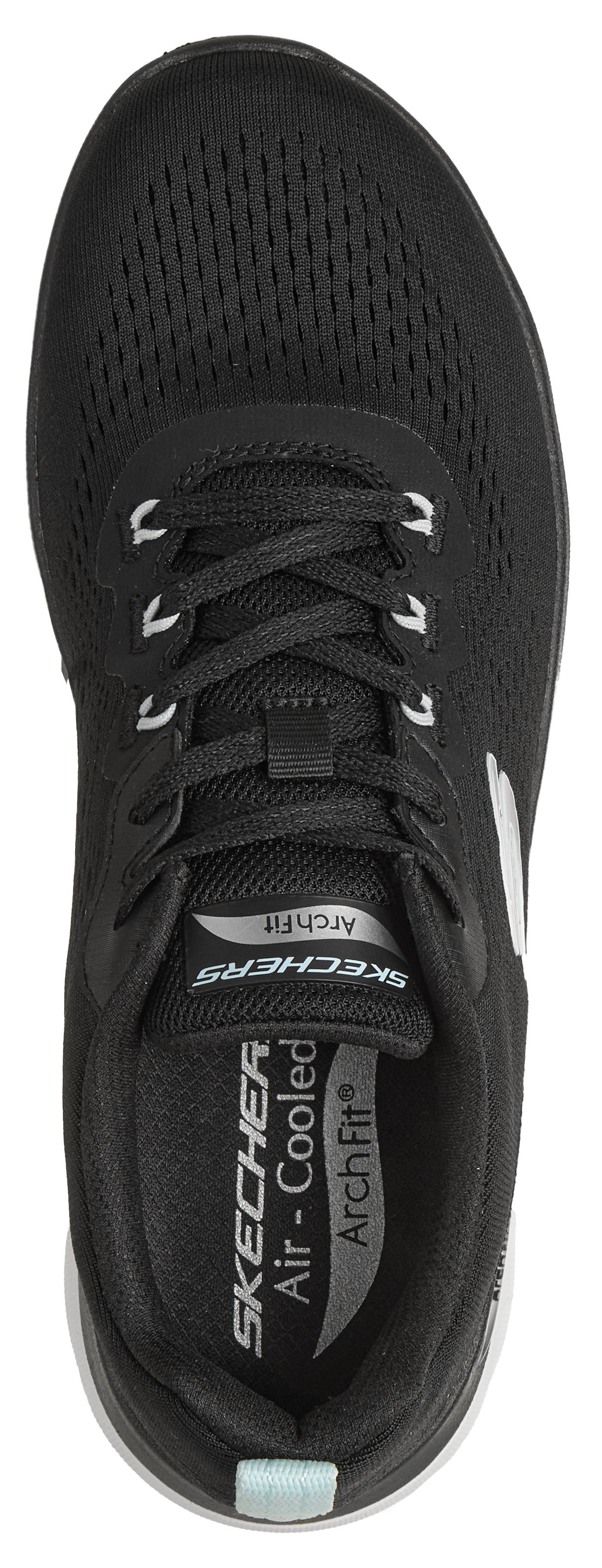 A top-down view of a black athletic shoe with a lace-up front, featuring breathable mesh fabric, white eyelets, and an interior insole marked with text that reads Skechers Air-Cooled Arch Fit.