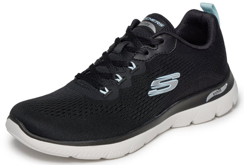 A black Skechers Arch Fit athletic shoe with a white sole, black laces, and light blue accents, seen from a side-angle view.