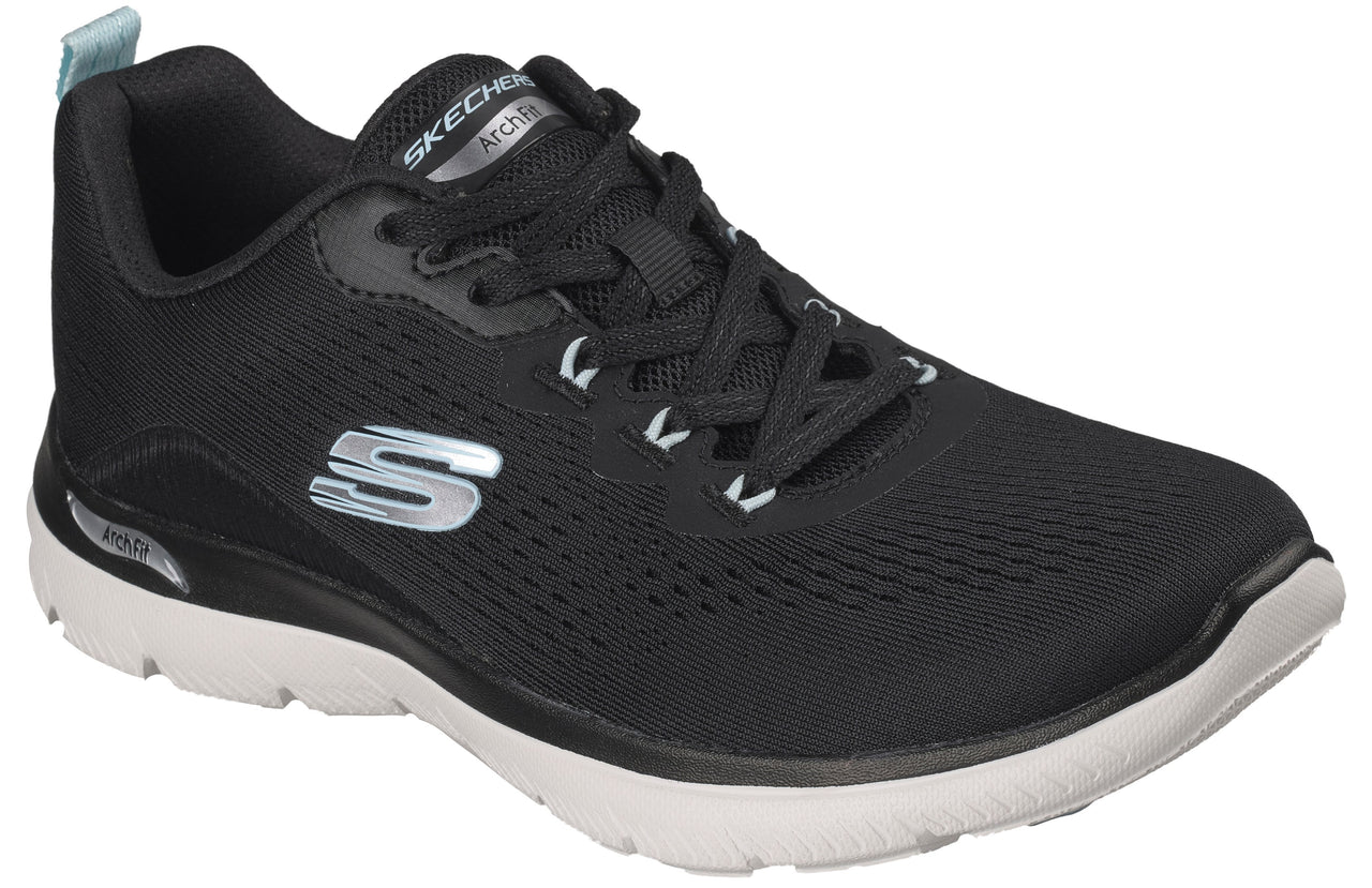 A black Skechers Arch Fit athletic sneaker with a white midsole and a light blue heel pull tab.