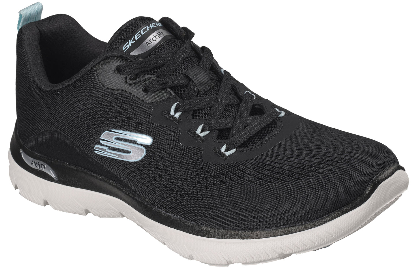 A black Skechers Arch Fit athletic sneaker with a white midsole and a light blue heel pull tab.