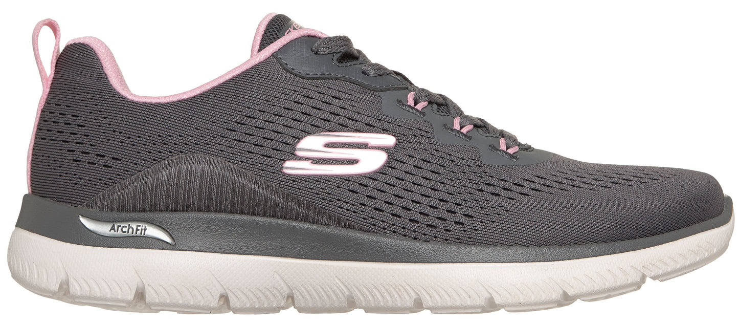 A gray athletic sneaker with a white sole and pink accents featuring the letter S on the side and ArchFit text on the midsole.