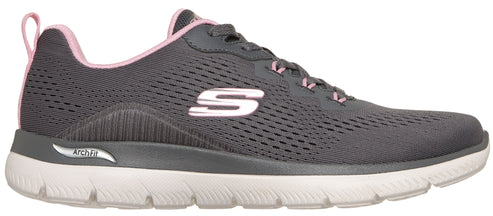 A gray athletic sneaker with a white sole and pink accents featuring the letter S on the side and ArchFit text on the midsole.
