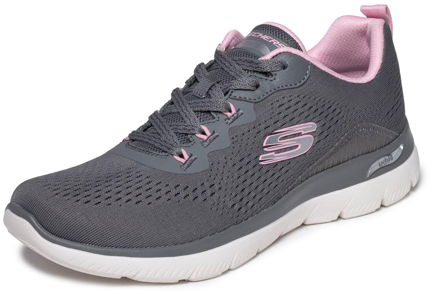 A gray women's athletic sneaker with light pink accents on the collar, tongue, lace loops, and the Skechers logo on the side, featuring a mesh upper and a thick white foam sole with Arch Fit branding.