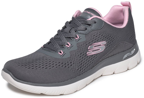 A gray women's athletic sneaker with light pink accents on the collar, tongue, lace loops, and the Skechers logo on the side, featuring a mesh upper and a thick white foam sole with Arch Fit branding.
