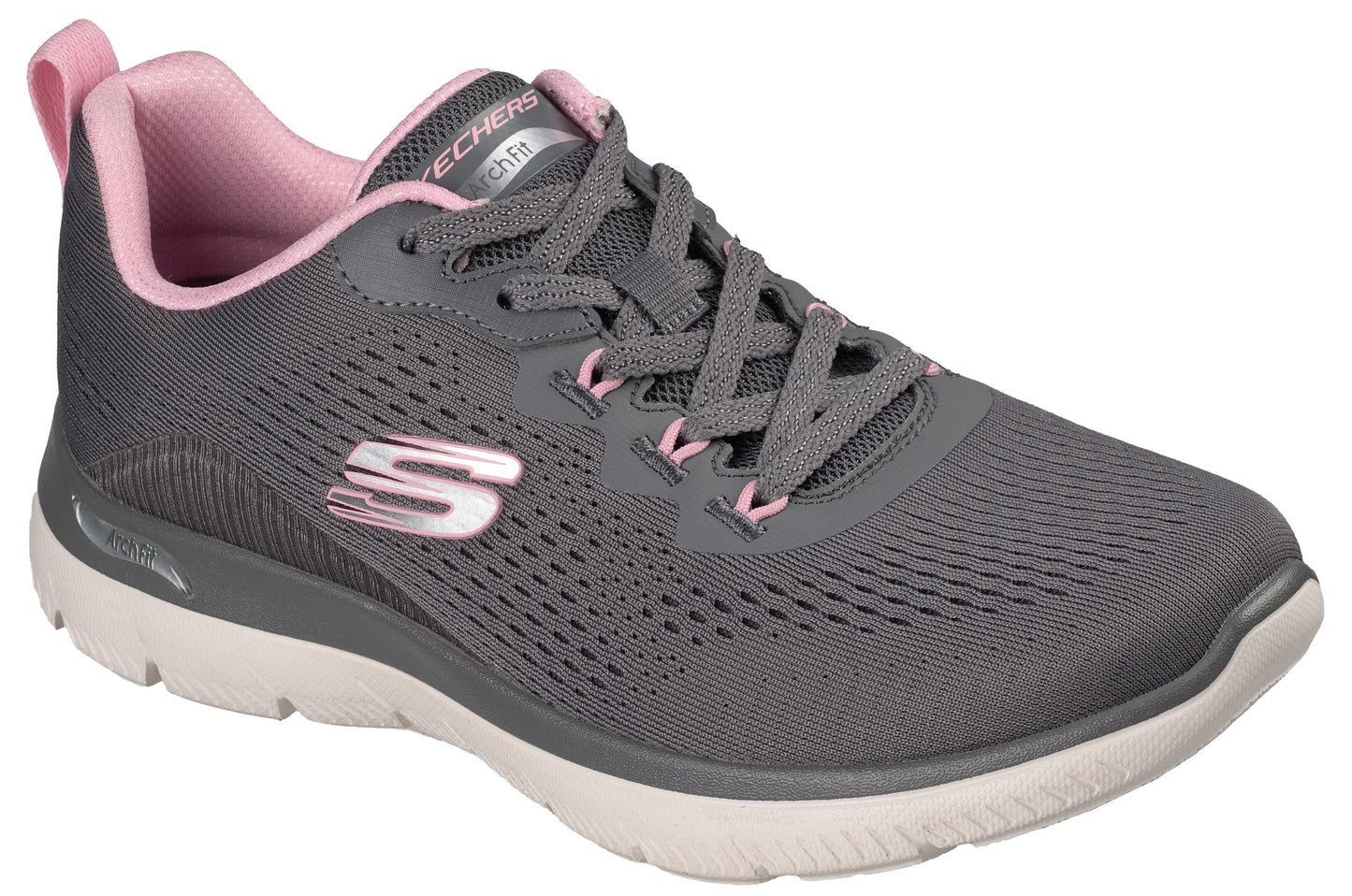 A gray mesh athletic sneaker with a light pink lining and tongue trim, white midsole, gray lace-up closure, and a prominent white letter S logo on the side.