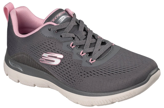 A gray mesh athletic sneaker with a light pink lining and tongue trim, white midsole, gray lace-up closure, and a prominent white letter S logo on the side.