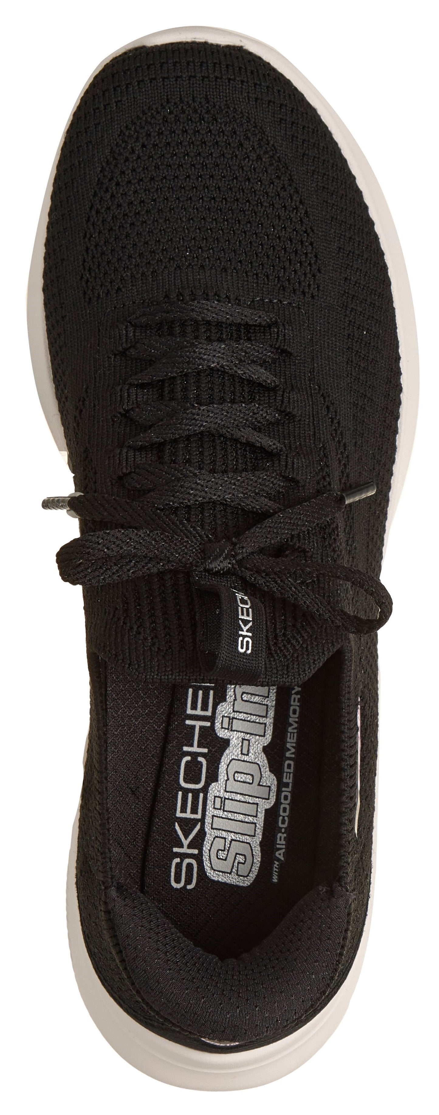 a black slip-in sneaker with laces