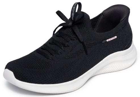 A black athletic shoe with white sole and tied laces.